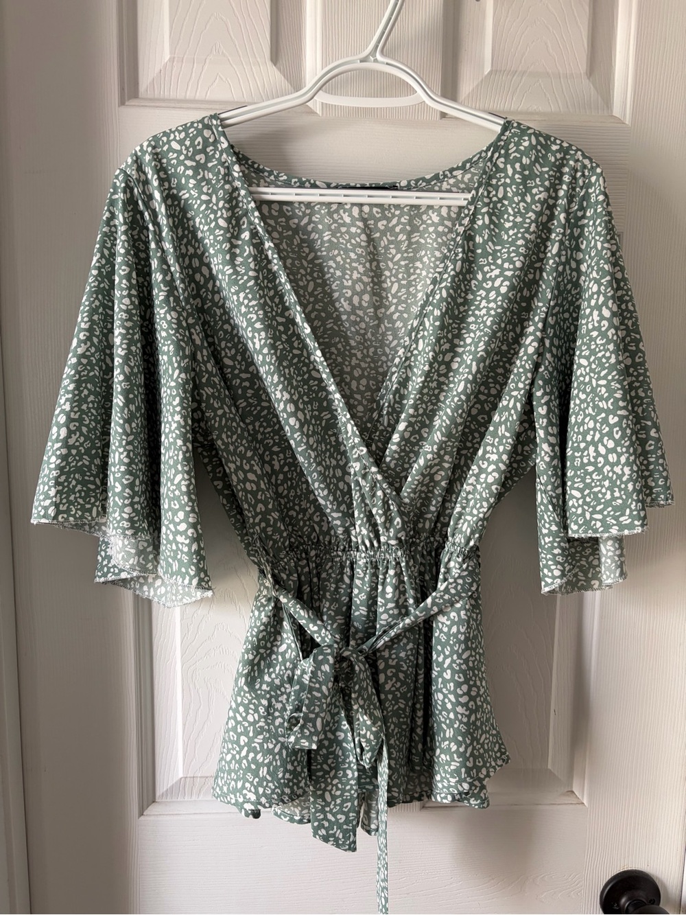 SHEIN Sage Green Printed Wrap Top with Waist Tie